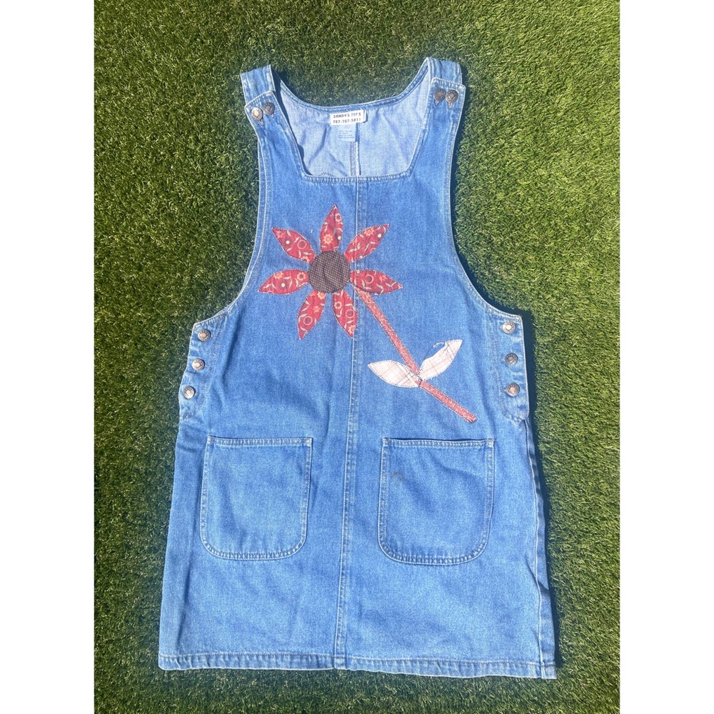 Vintage Floral Patchwork Denim Dress Womens Medium